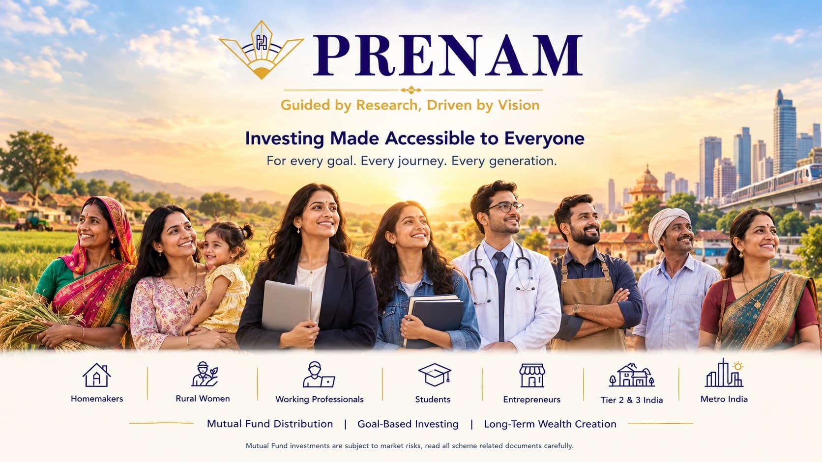 Prenam — Investing Made Accessible to Everyone. For every goal, every journey, every generation. Serving homemakers, rural women, working professionals, students and entrepreneurs across metro, Tier 2 and Tier 3 India.